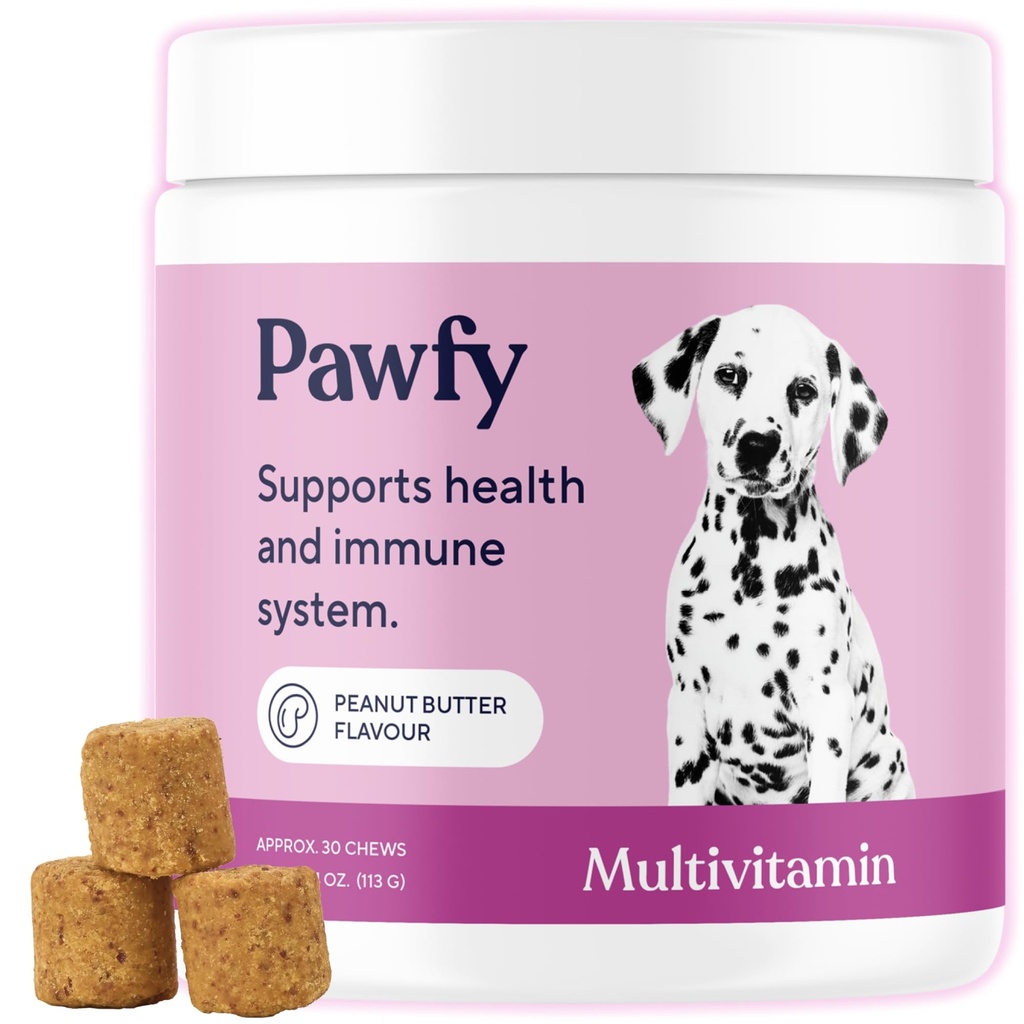 Pawfy Dog Multivitamins 15 in 1 | Vitamine per cani per pelle e cappotto - Supporti benessere generale | Supplementi avanzati per cani anziani da prurito occasionale | Puppy Tasty Vitamin C Chews - 30 Conte