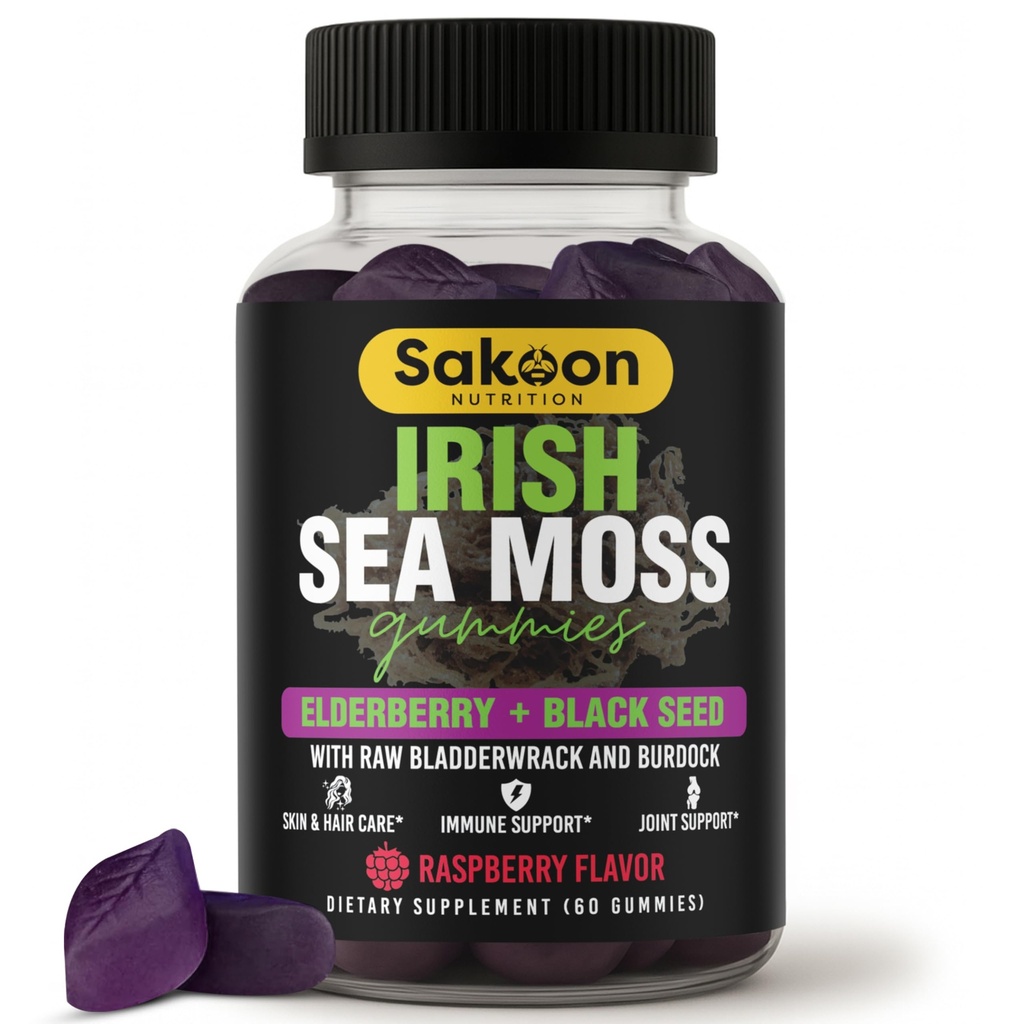 Irlandese Moss Gummies con Elderberry & Black Seed Oil - Supporto benessere complessivo | Ricco di vitamine, Raspberry Flavor | 60 Gummies