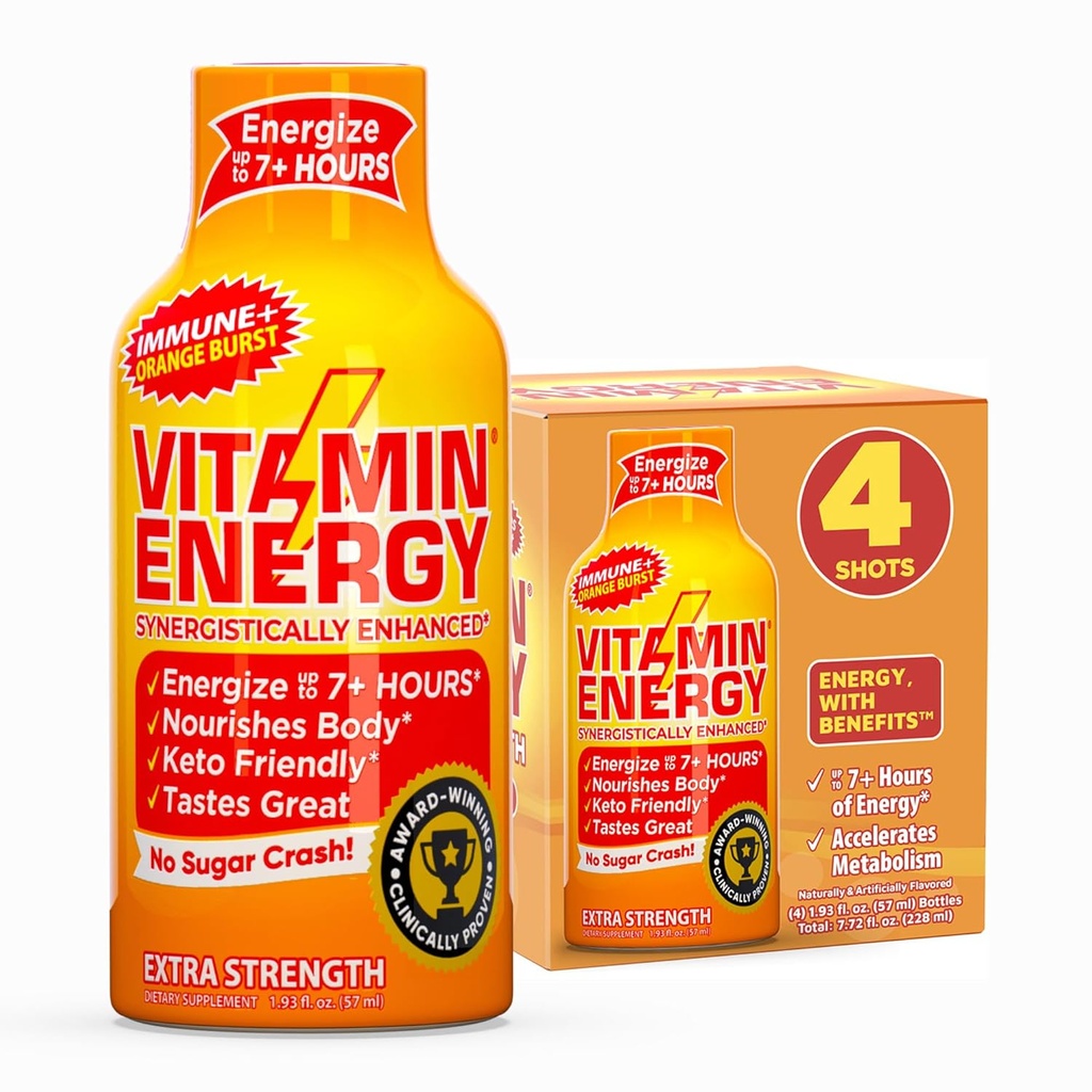 Vitamin Energy Immune+ Extra Strength Energy Shot – Orange Burst – 100% DV B-Vitamins & 260mg Caffeina – Zero Calories, Sugar-Free, Vegan, – Immunity & Energy Support – 1.93 fl oz, 4-Pack