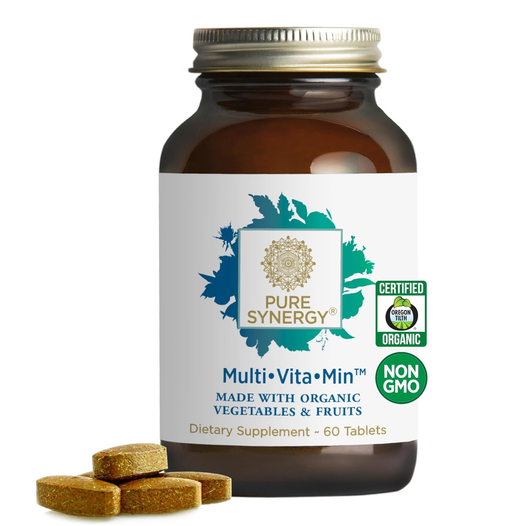 PURE SYNERGY Multi·Vita·Min | Multivitamina vegana realizzata con alimenti integrali organici | Twice Supplemento giornaliero per uomini e donne | Nutrienti core per l'energia, l'umidità, l'immune e la salute di ossa (60 compresse)