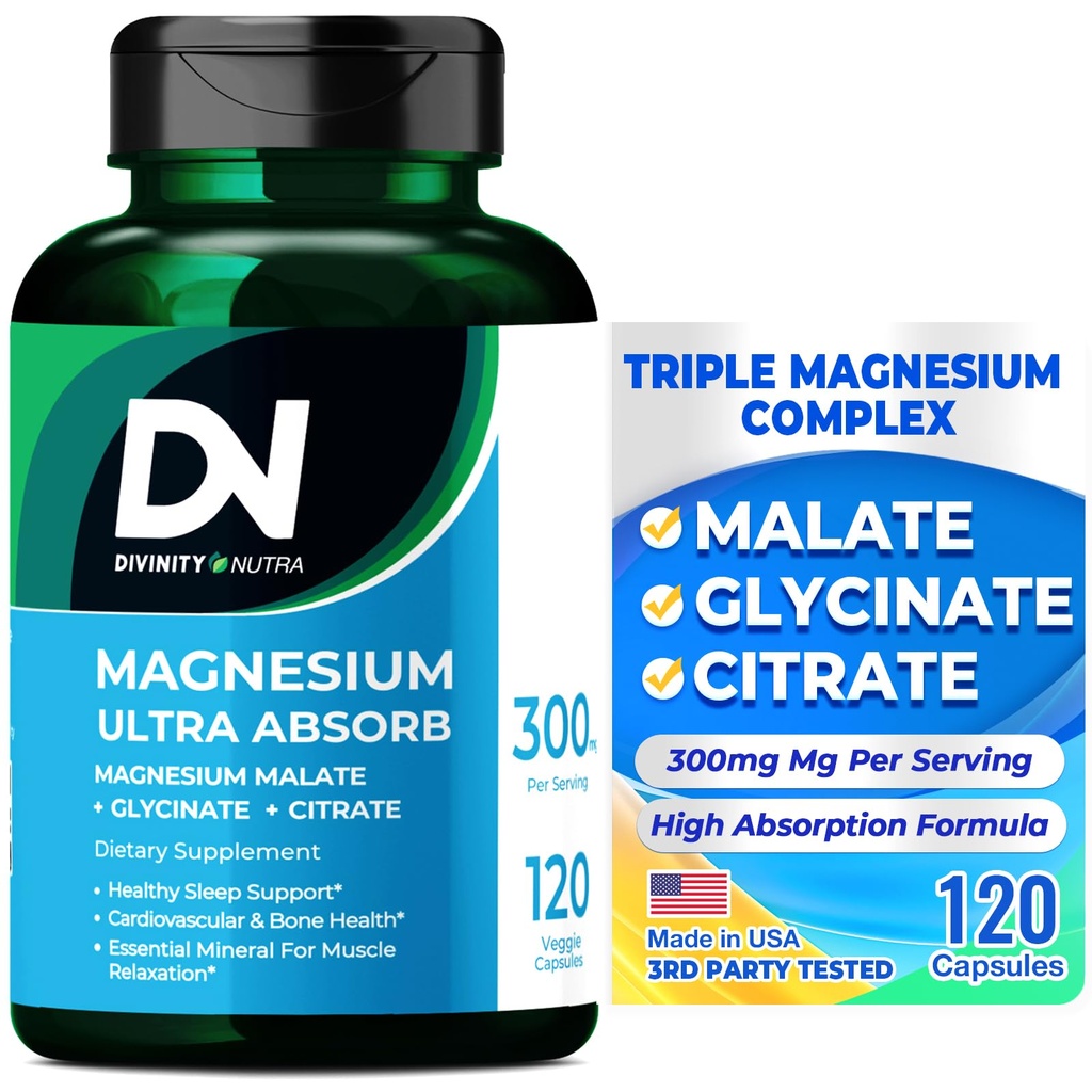 Divinity Nutra Tripla Magnesio Complesso Supplemento,300mg di Magnesio Glycinate, Malate & Citrato per Muscoli, Nervi, & Energia, Alta Assorbimento, 120 Vegan Capsule, Non OGM USA Fatto