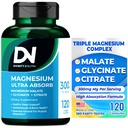 Divinity Nutra Tripla Magnesio Complesso Supplemento,300mg di Magnesio Glycinate, Malate & Citrato per Muscoli, Nervi, & Energia, Alta Assorbimento, 120 Vegan Capsule, Non OGM USA Fatto