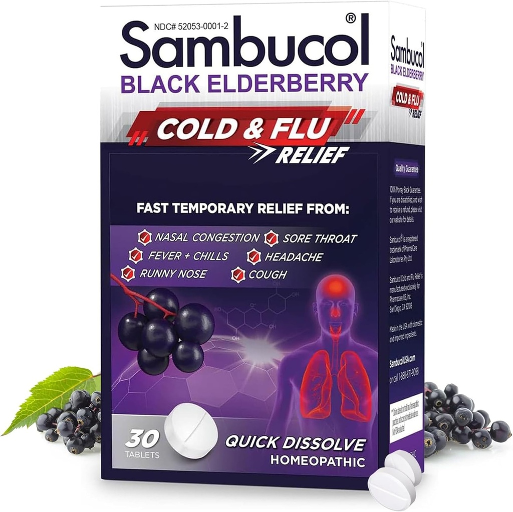 Sambucol Cold and Flu Relief Tablets - Medicina Fredda Omeopatica, Rimedio per Adulti, Black Elderberry per Colds, Zinc Remedy - 30 Conte