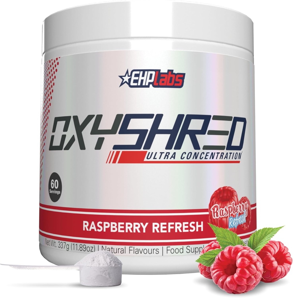 Polvere pre allenamento di EHP Labs OxyShred Pre - Polvere pre-allenamento con L Glutamina e Acetil L Carnitina, Energy Boost Drink - Refresh lampone, 60 Servings