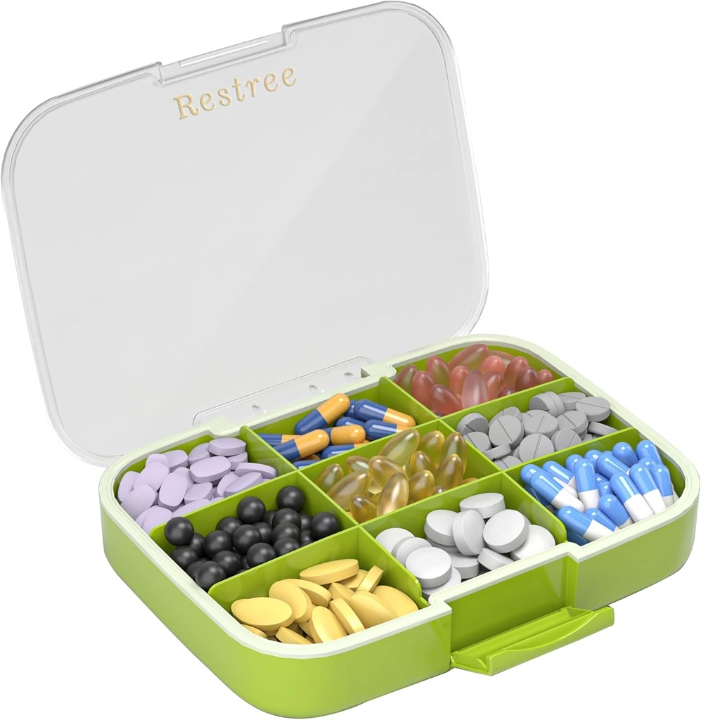 Restree Large Pill Organizer, Moisture Proof & impermeabili Travel Pill Case, Portable Medicine Box con Dividers Regolabili per Vitamine Integratori Olio di Pesce e Pillole Giornaliere 9 Comparti (Green)