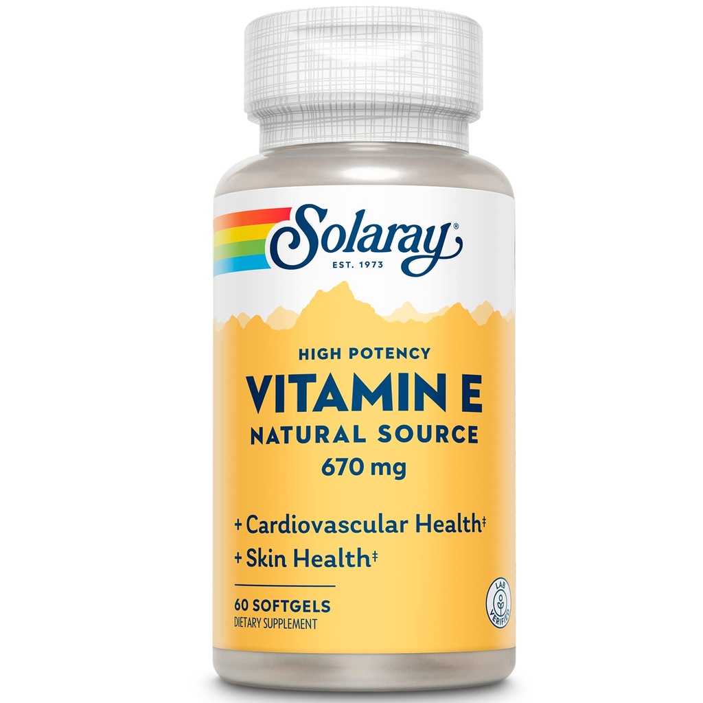 SOLARAY Vitamina E 1000 IU Softgel Capsule, 670 mg - d Alpha Tocopherol Vitamin E Supplementi - Skin Health, Heart Function and Antioxidant Support - 60 giorni Garanzia - 60 Serve, 60 Softgels