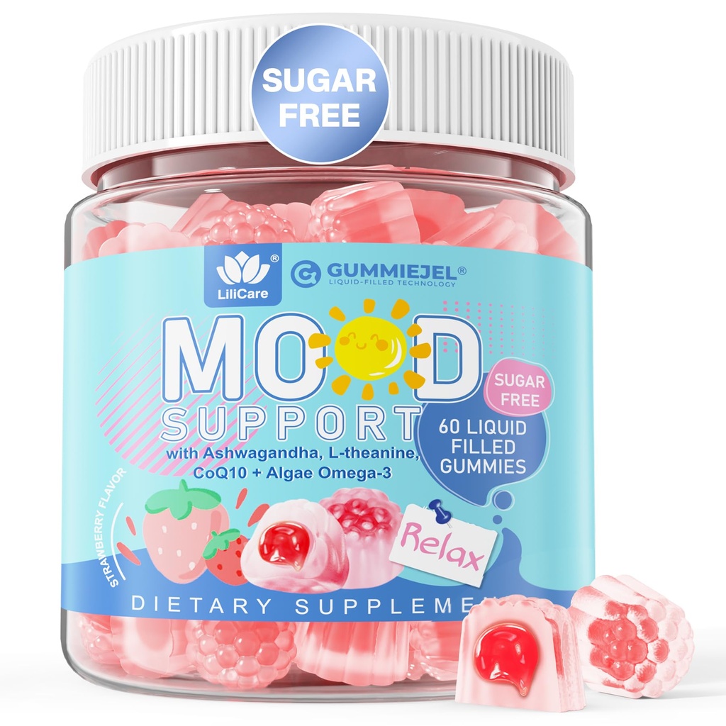 Ashwagandha Zafferano Calma Gummies + Omega 3, L-teanina & CoQ10 per gli uomini delle donne, naturale calmante felice rilassamento Gummies per gli adulti, Mood Support Supplemento Gummy, Strawberry Flavor, Sugar Free, Vegan, 60ct