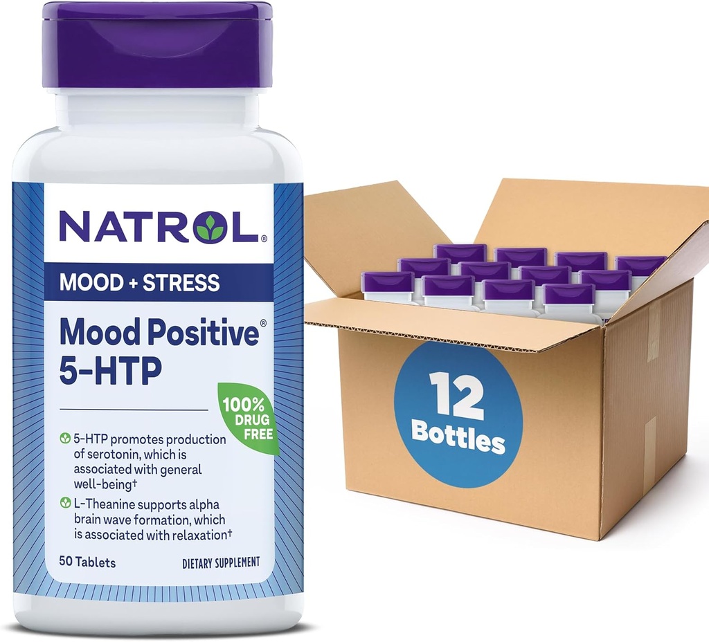 Natrol Mood Positivo 5-HTP 50mg con L-teanina, Vitamina B6, Vitamina B12 e Folate, Integratore alimentare Aiuta a sostenere un Mood positivo, 50 compresse, 25-50 giorni di alimentazione (Pack of 12)