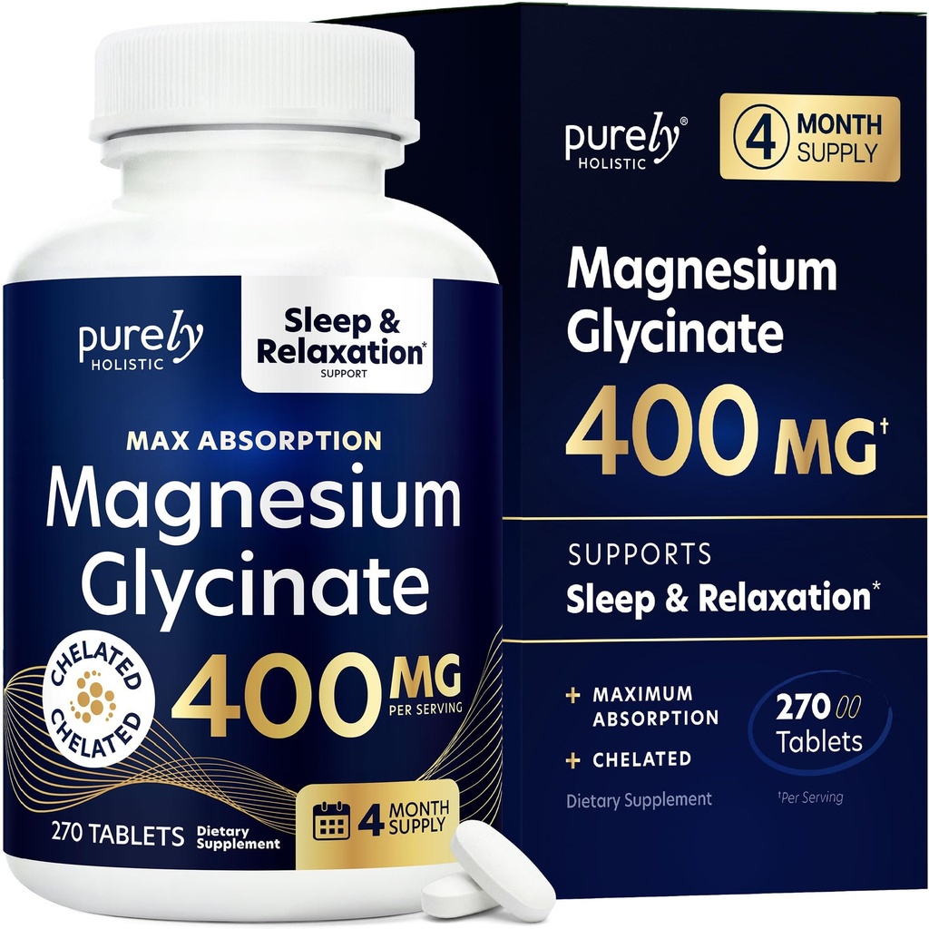 Magnesio Glycinate 400mg - 270 Compresse di Magnesio (non capsule) - 400 mg Magnesio Elementale - Biodisponibile Altamente - Vegano e Vegetariano - per il sonno migliorato, Rilievo Stress & Cramp Defense