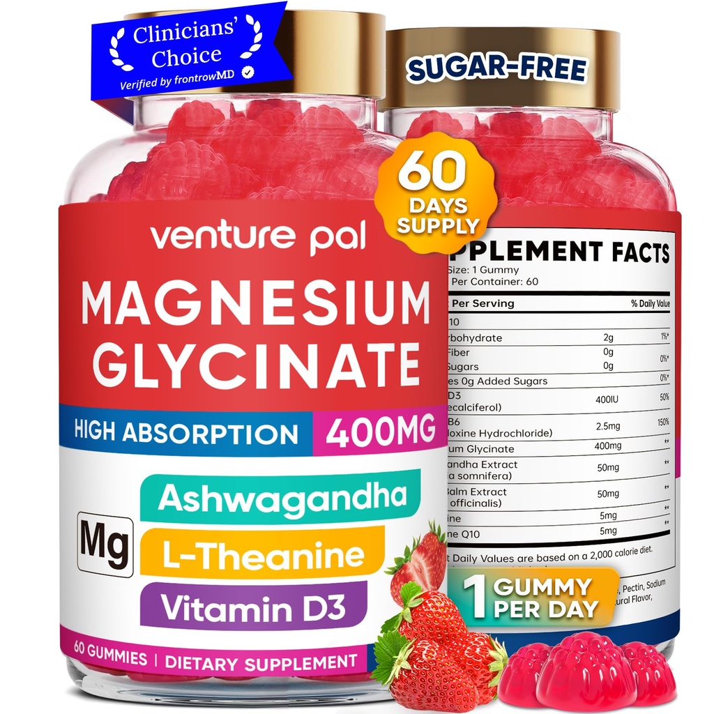 60 giorni di alimentazione Magnesio Glycinate 400mg Gummies con Ashwagandha, L-teanina, CoQ10, Vitamina D3 & B6, Zucchero gratis Magnesio Gummies per adulti e bambini, Rilievo di stress, Sonno & Calma, Vegan, Gluten Free