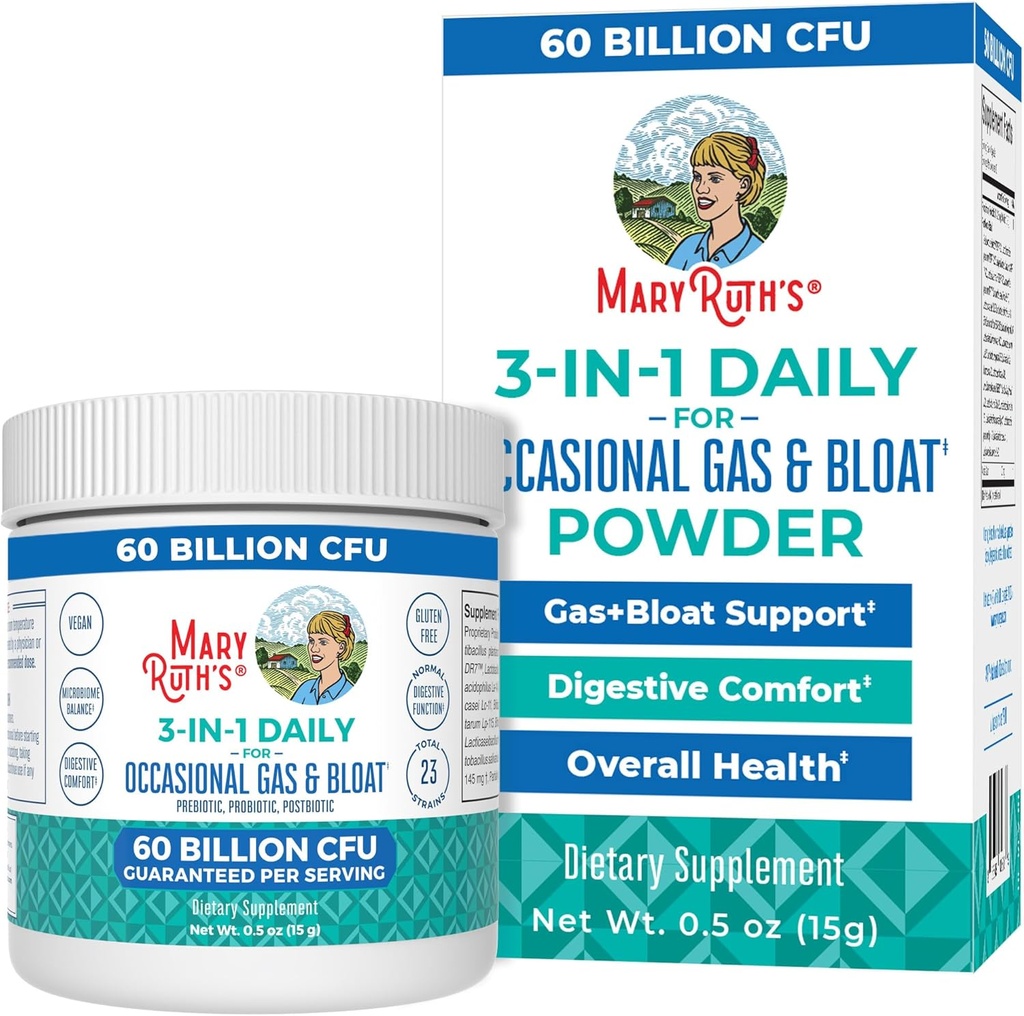 MaryRuth Organics 3-in-1 Gas & Bloat Probiotics | Probiotics for Normal Digestive Function | Probiotics for Women & Men | Prebiotics & Postbiotics | 60 miliardi di CFU | Shelf Stable | 0.5 oz
