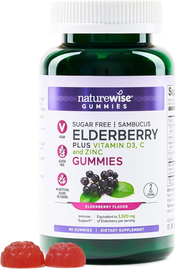 NatureWise Sambucus Elderberry Gummies - Sugar-Free - Supplemento giornaliero di supporto immunitario per bambini e adulti*, con vitamina C, D3, Zinc - Vegan, Gluten Free, Non-GMO - 90 Count[45-Day Supply]
