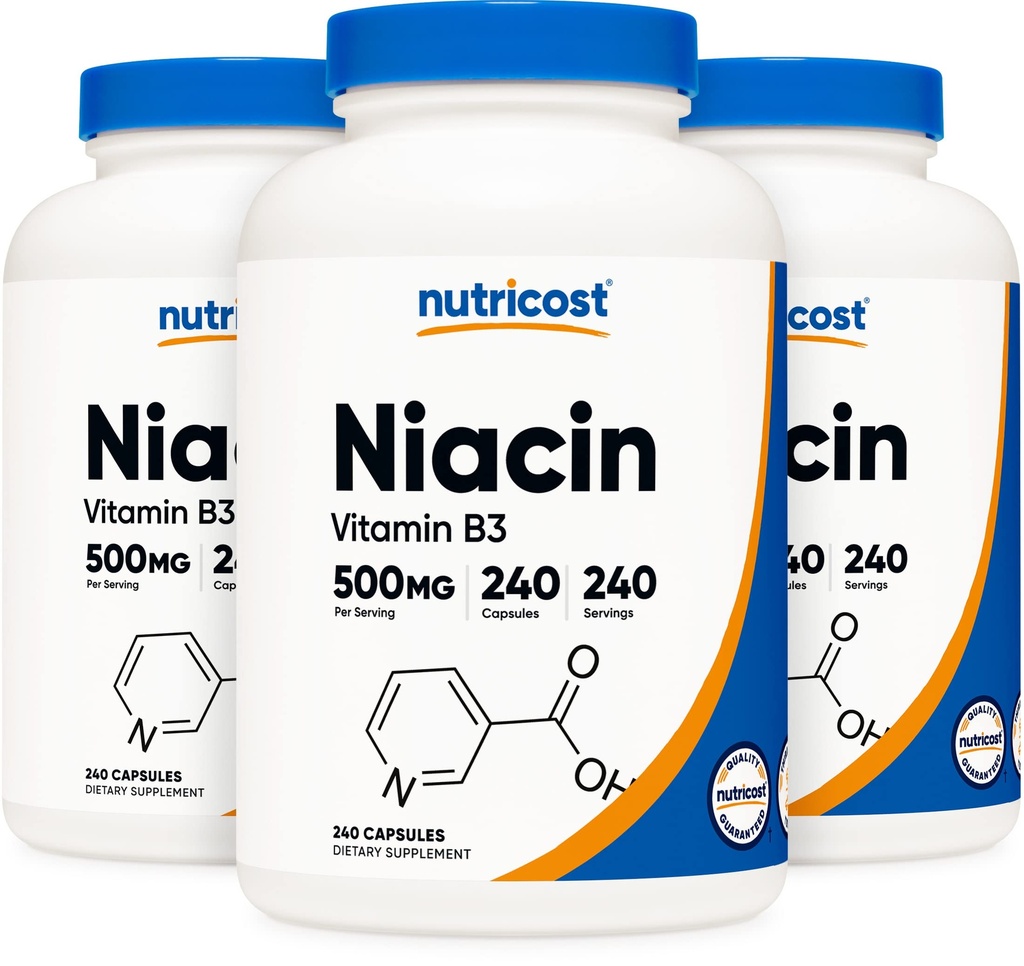 Niacin Nutricost (Vitamina B3) 500mg, 240 capsule (3 bottiglie) - Flush di niacina