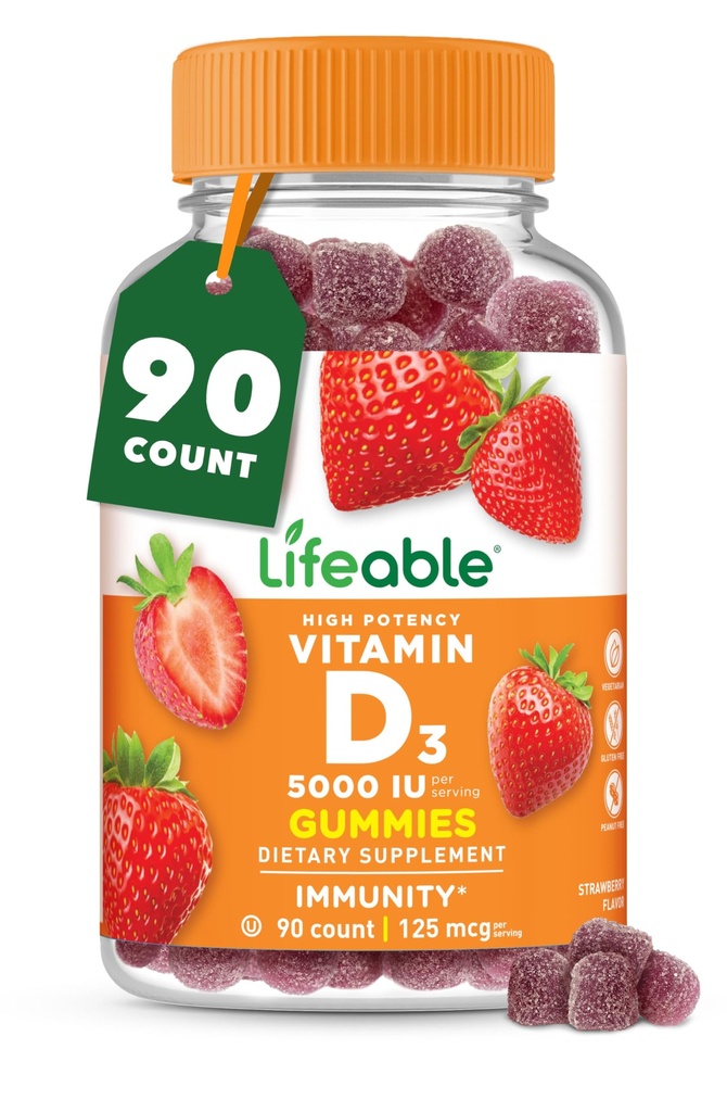 Vitamina D Gummies per adulti | 5000 IU | Gran Tasting D3 Vitamina | Supporto immunitario e sano Bones Vitamin D Supplemento per gli uomini, donne | 90 Gummies | Lifeable