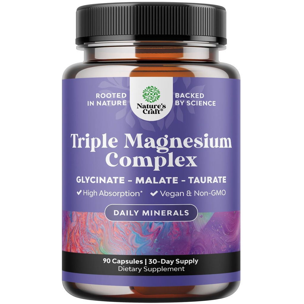 Supplemento Triple Magnesium Complex Elemental - Alto assorbimento Magnesio Taurate e Glycinate Plus Miscela Malate per Sonno Muscolare Bone Mood e Altro - Non OGM Vegan 90CT
