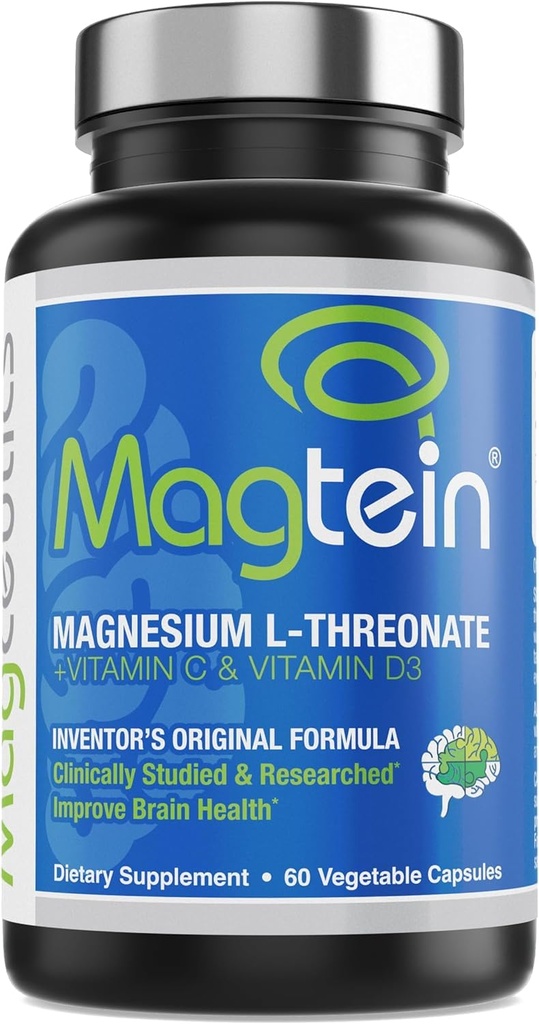 Magtein - Magnesio L-Threonate Supplemento, Memoria, Focus, Sleep & Brain Health Formula for Men & Women, Supporto cognitivo per adulti, Clinicamente Ricercato - 60 Veg Capsule
