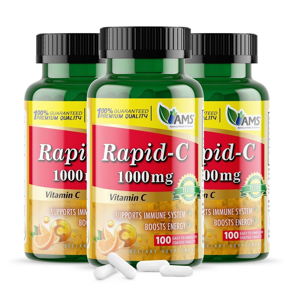 America Medic & Scienza Rapid-C 1000mg Vitamina C Supplemento (3 Confezione di 100 compresse) Energy Booster, Supporto giornaliero del sistema immunitario, Antiossidante | Vegan, Acido non OGM rivestito per gli uomini adulti e le donne