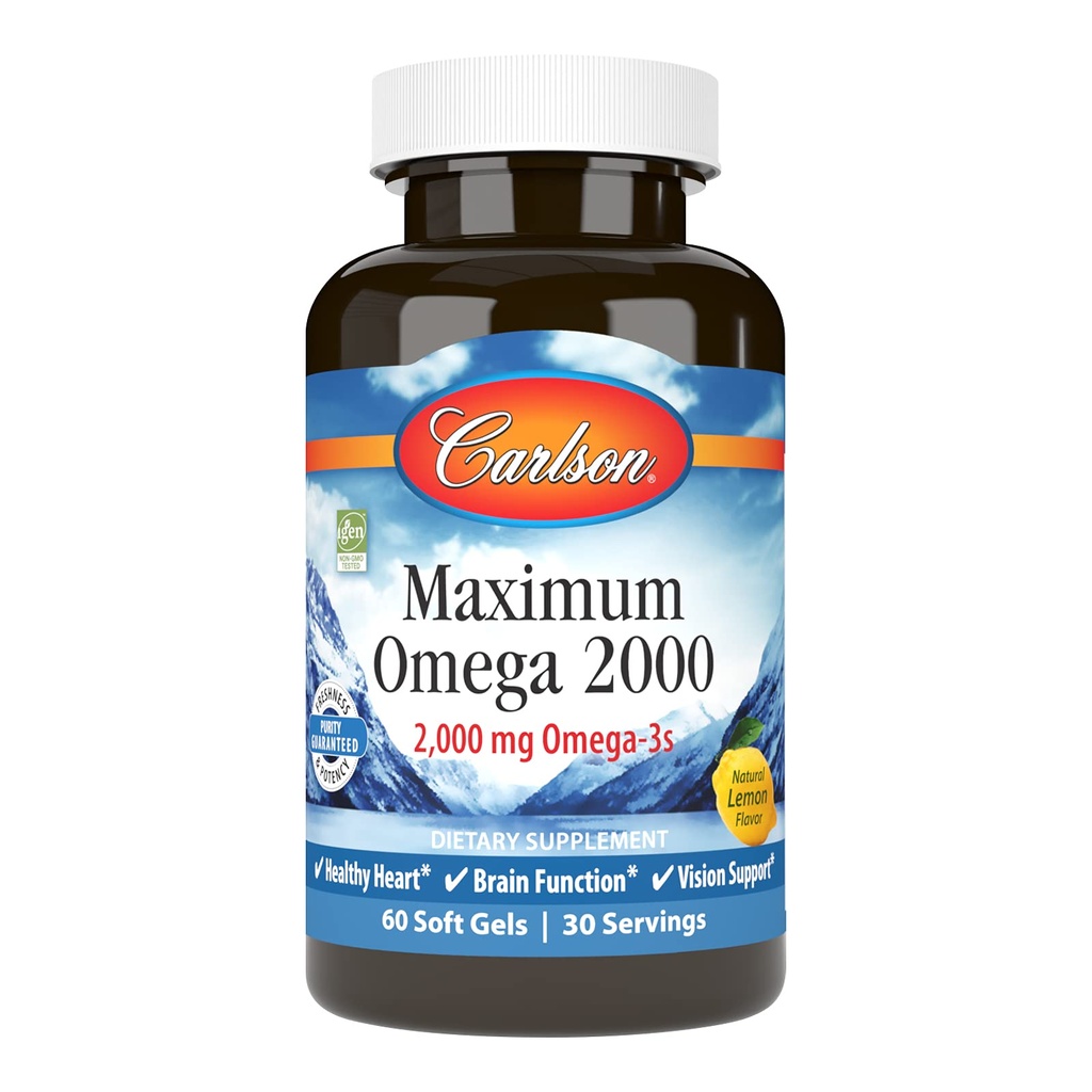 Carlson - Massimo Omega 2000, 2000 mg Omega-3 acidi grassi compresi EPA e DHA, Wild-Caught, Norvegese Fish Oil Supplement, Sostenibilmente Fonte Fish Oil Capsule, Limone, 60 Softgels
