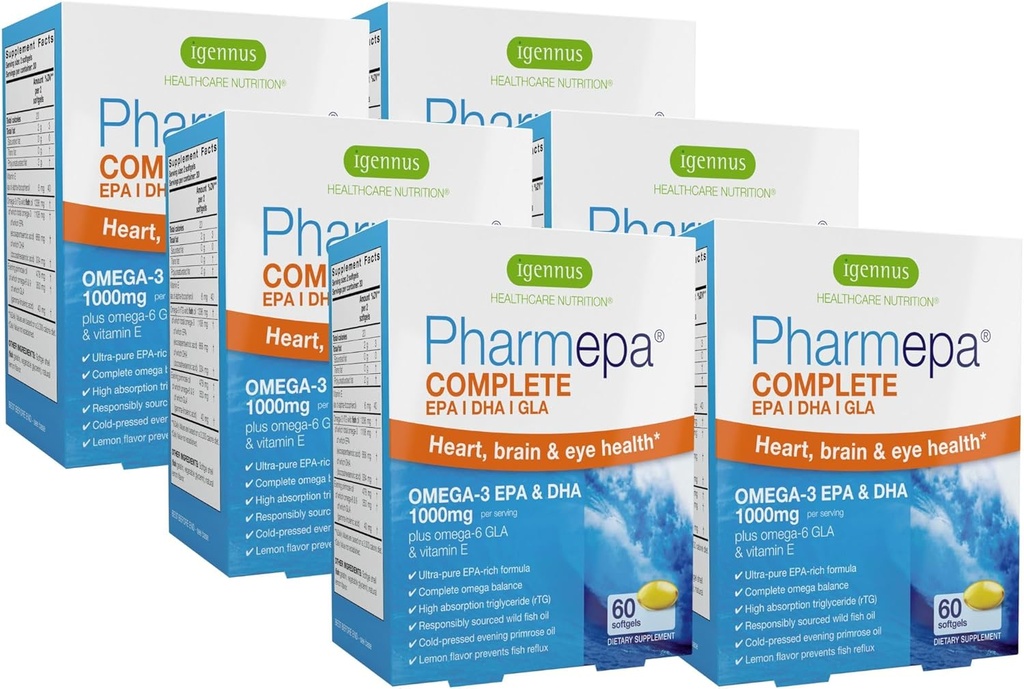 Igennus Pharmepa Complete EPA 668mg & DHA 334mg Omega-3 acidi grassi 1000mg, certificato IFOS, forma rTG, olio di pesce ad alta potenza Plus Omega-6 & 9 da olio di Primrose di sera GLA, aroma di limone, 360 Softgels