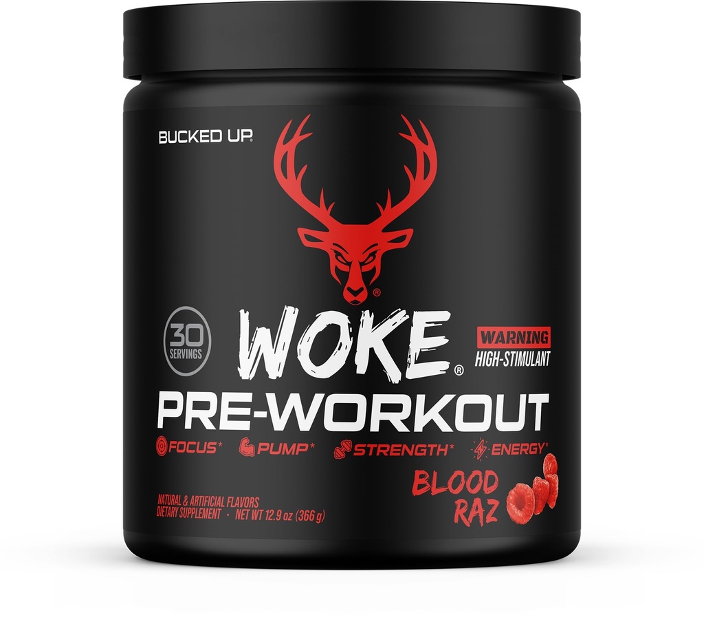 Bucked Up - Woke - HIGH STIM Pre Workout - Miglior Tasting - Focus Nootropic, Pompa, Forza e Crescita, 30 Servings (Blood Raz)