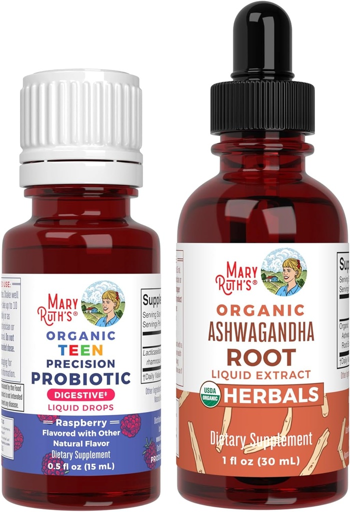 MaryRuth Organics Precision Probiotic Drops for Teens (Raspberry) & Ashwagandha Drops | USDA Organic | Vitamine per Gut Health, Relax, &amp; Total Wellness | Vegan, Non-GMO, Gluten Free