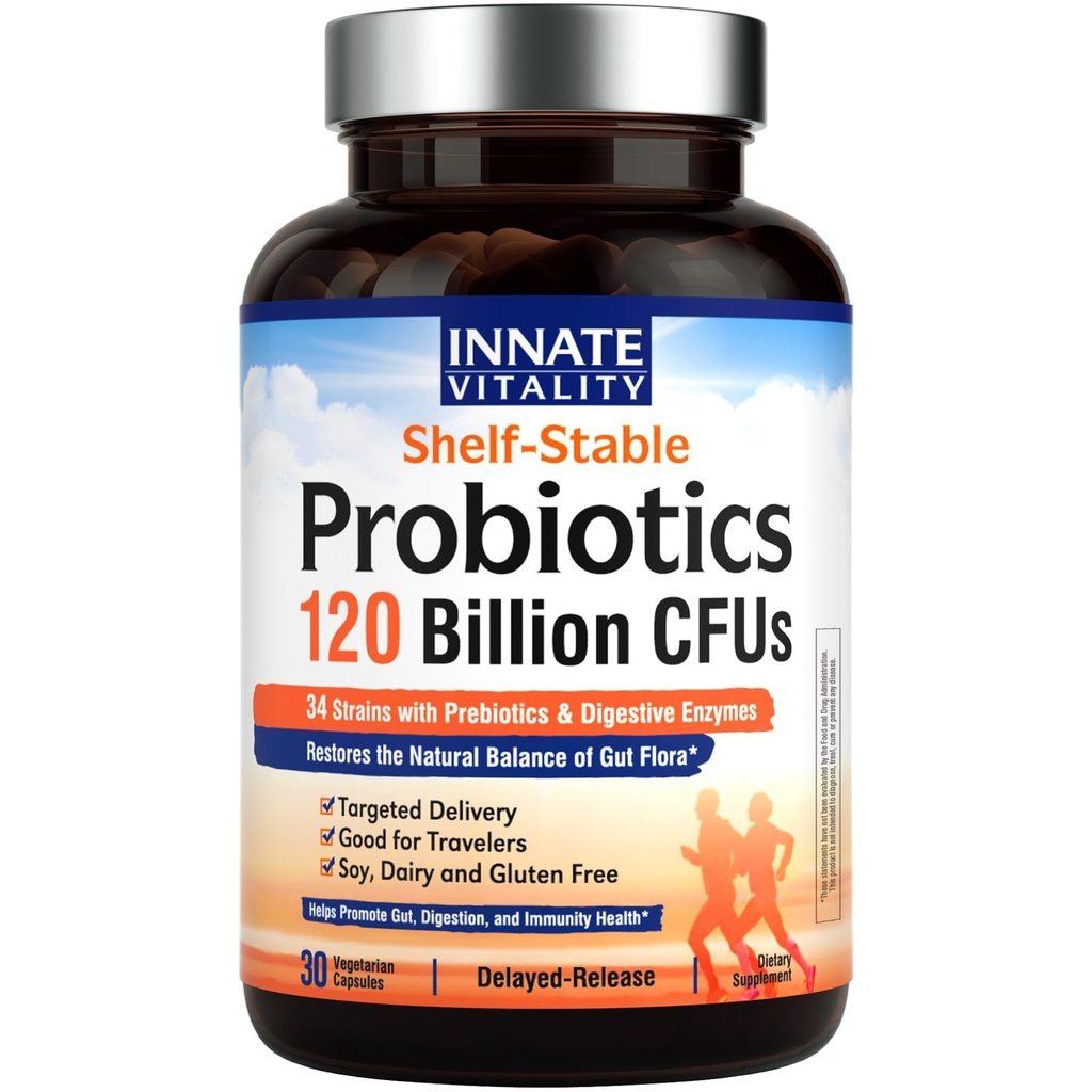 Probiotici vitalità innata 120 miliardi di CFU per uomini e donne, 34 Strains con prebiotici e enzimi digestivi, Immune & salute digestiva, rilascio ritardato, Shelf Stable, 30 capsule vegane