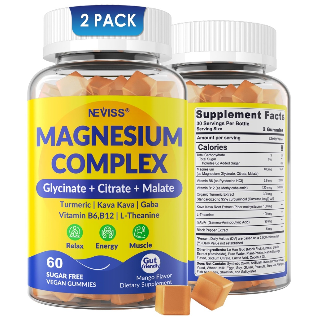 Magnesio Complesso Gummies 400mg, Magneisum Glycinate Citrate Malate + Turmerico, GABA, B6 B12, Kava Kava, L-teanina per il sonno, Calma, Rilassamento, Energia, Magnesio Gummies per uomini donne, Vegan, 2 Pack