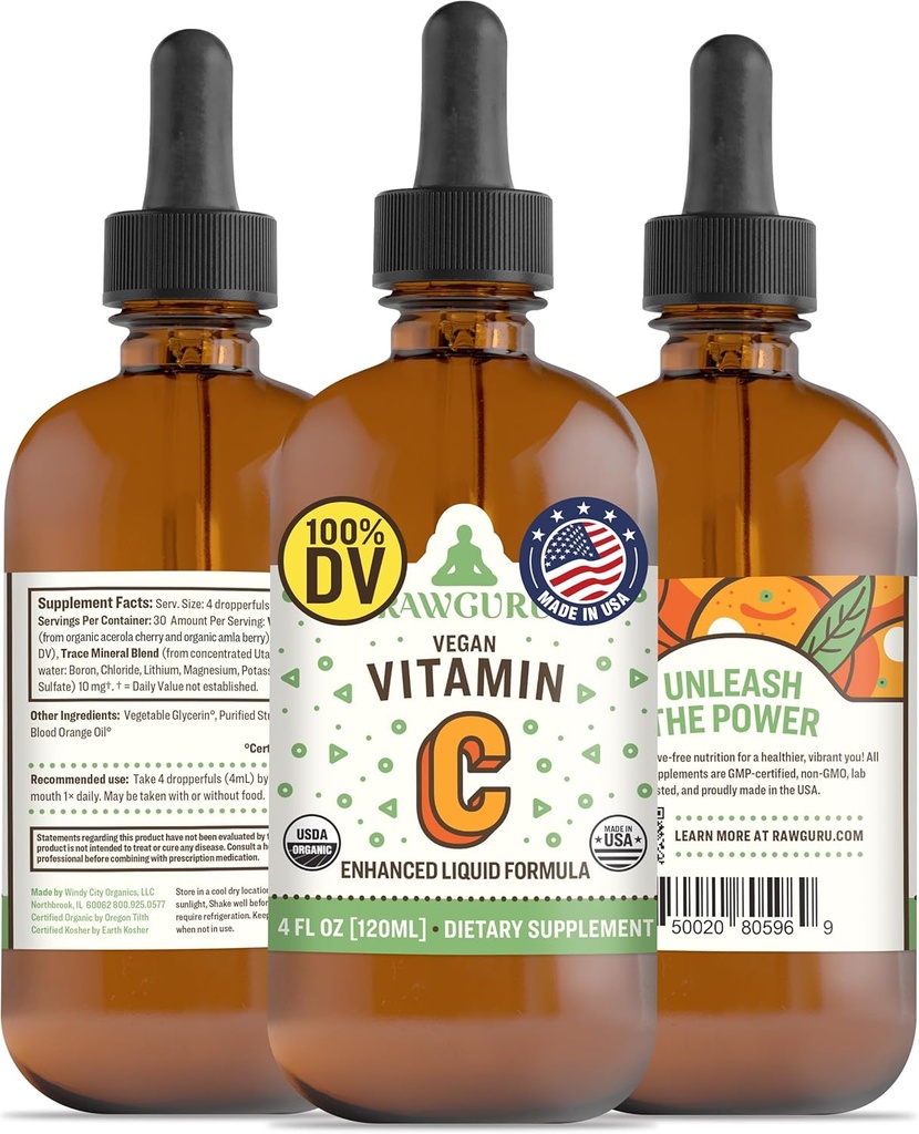 RawGuru Organic Vitamin C Tincture - Liquid Vitamina C con Trace Minerals - Nano-Processed Antiossidante & Immune Support Supplemento Tintura - 30 Serve di Vegan Gocce per 120 ml, Confezione da 1