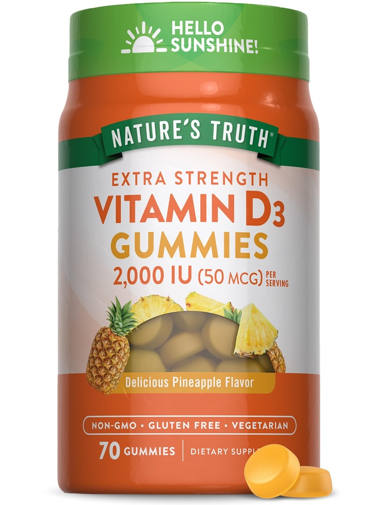 Vitamina D3 Gummies | 2000 IU | 70 Count | Sapore di ananas | Vegetariano, Non OGM e Gluten