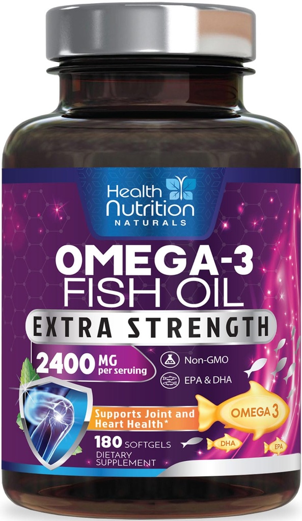 Omega 3 Fish Oil 2400 mg - Triple Strength Omega3, EPA & DHA Fatty Acids Supplemento - Supporto naturale per Immune, Cuore e salute del cervello - Wild Caught, Non OGM, Limone Flavor, Burpless - 180 Softgels