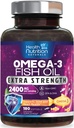 Omega 3 Fish Oil 2400 mg - Triple Strength Omega3, EPA & DHA Fatty Acids Supplemento - Supporto naturale per Immune, Cuore e salute del cervello - Wild Caught, Non OGM, Limone Flavor, Burpless - 180 Softgels