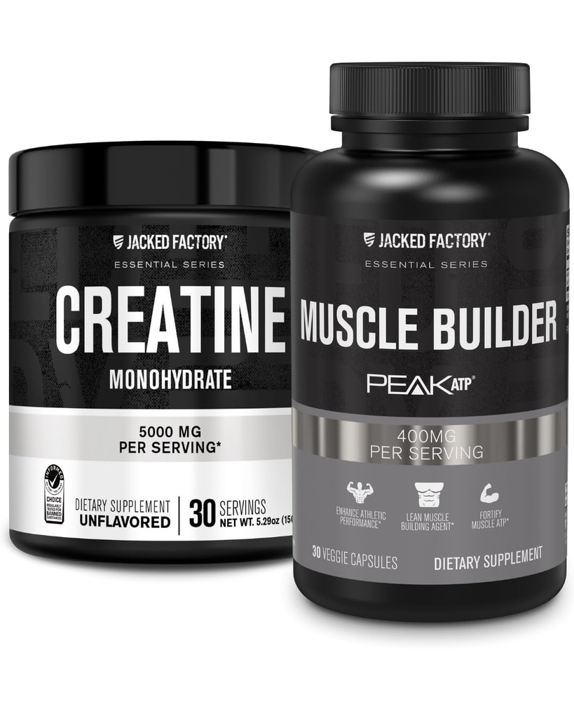 Polvere monoidrata della creatina della fabbrica di Jacked 150g - Supplemento di creatina per la crescita del muscolo, aumento della resistenza & Essentials Muscle Builder - Costruttore giornaliero del muscolo con PeakATP (30 capsule)