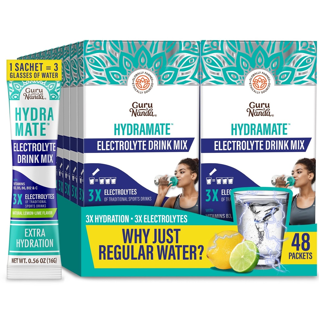GuruNanda Hydramate Hydration Support Drink Mix - Electrolyte Powder Packets for Dehydration, Exercise & Energy - Nessun Addobbinamento aggiuntivo, Non OGM, Natural Lemon Lime Flavor - 48 Count (0.56 oz Ogni)