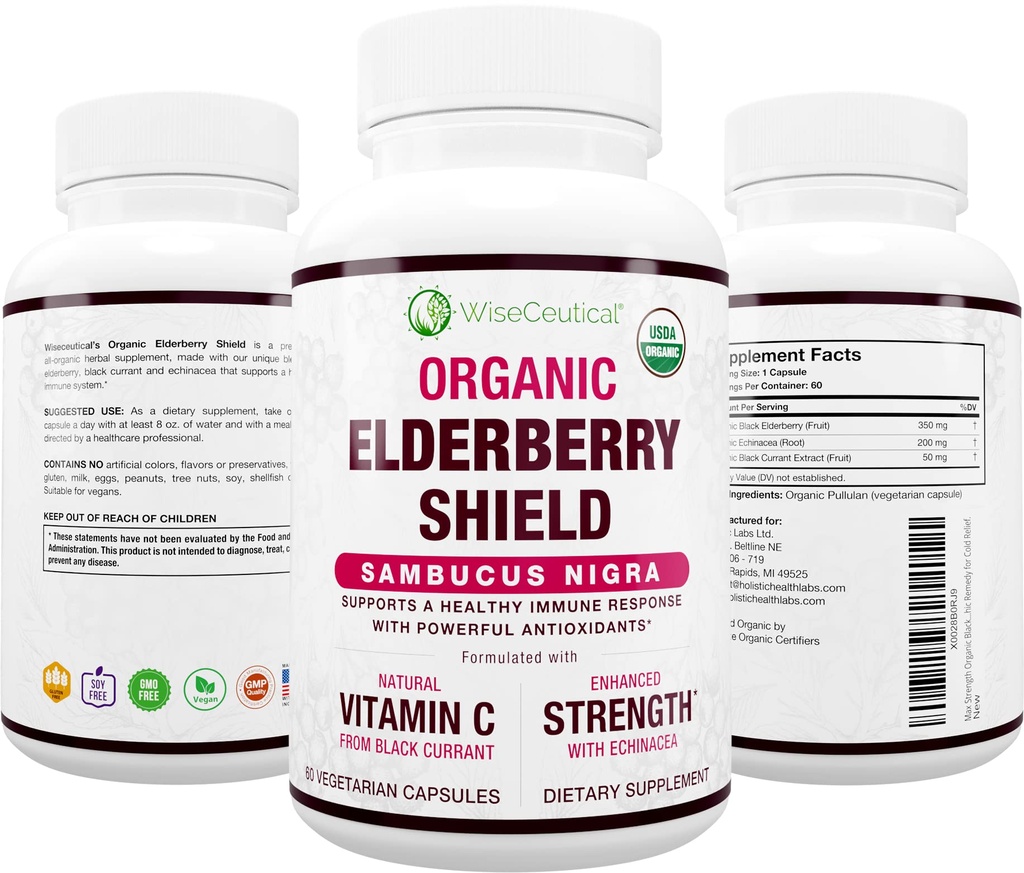 Max Forza USDA Organic Black Elderberry, Black Currant Extract & Echinacea | 3 in 1 Natural Immune Support & Vitamin C | Sugar-Free, Vegan-Friendly | Remedy omeopatica | 60 Count