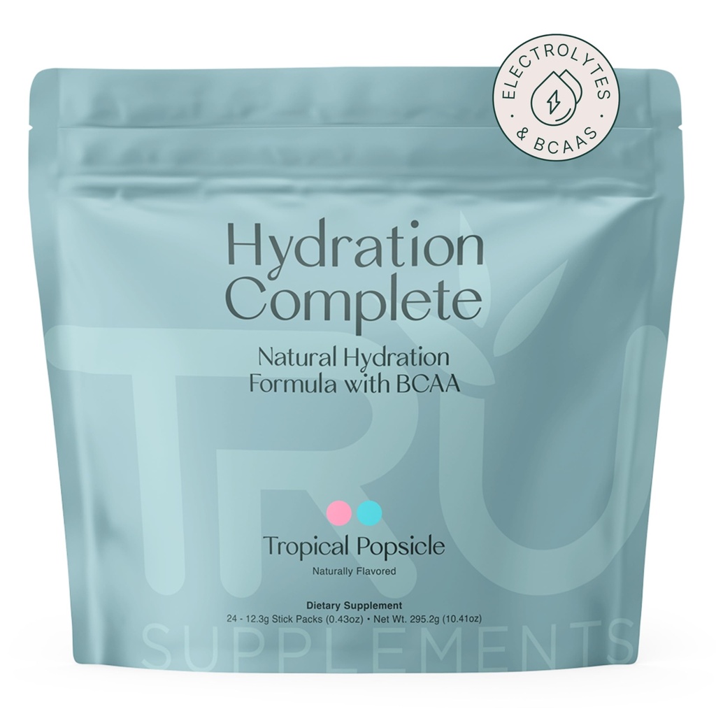 Integratori TRU Idratazione completa BCAA, Aminoacidi a base vegetale + Sale himalayano rosa, Elettroliti & L-carnitina, Vegan, Calorie zero, Nessun dolcificanti artificiali, 24 Serve, Popsicle tropicale