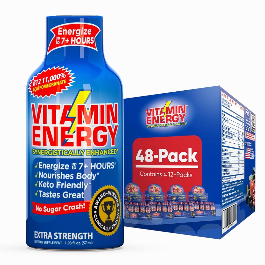 Vitamina Energy B12 11.000% Extra Strength Energy Shot Açaí Pomegranate 48 Pack, 260mg Natural Caffeine, B12 & B6, Nootropic Focus, Vitality, Zero Sugar, Gluten-Free, Vegan, Kosher, 1.93 fl oz