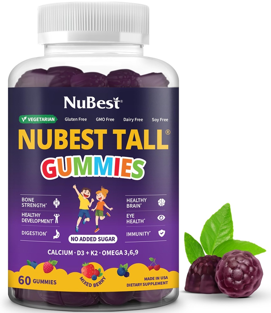 NuBest Tall Gummies for Kids Età 2+ & Teens | Bone Forza, Immunità, Salute Digestiva con Calcio, Vitamina D3, K2, B Complex, Magnesio, Zinc | 20+ Vitamine Berries Gummies, No Aggiunto Zucchero
