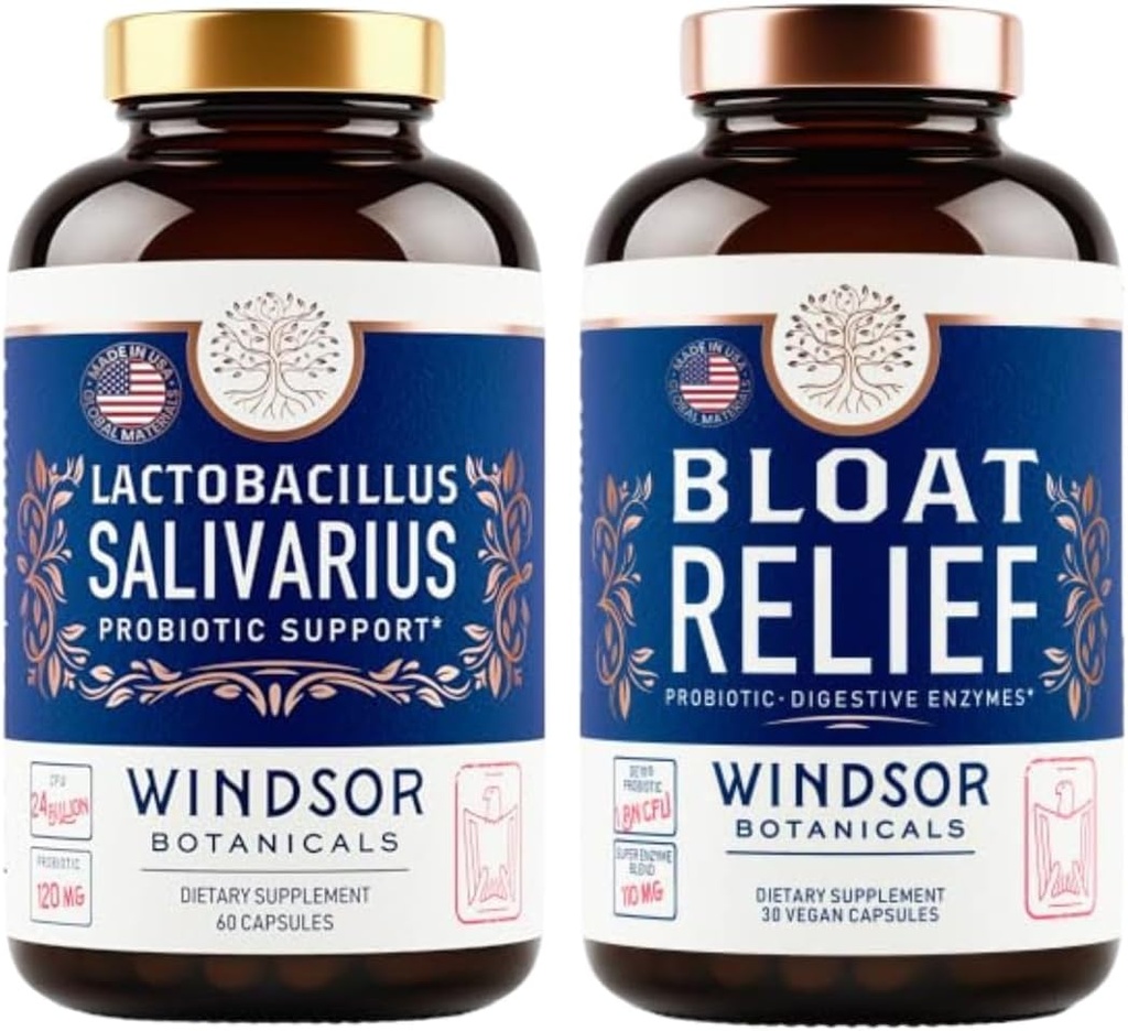 WINDSOR BOTANICALS Bloat Relief e Lactobacillus Salivarius Capsule Probiotici - Supporto orale e IBS Bundle
