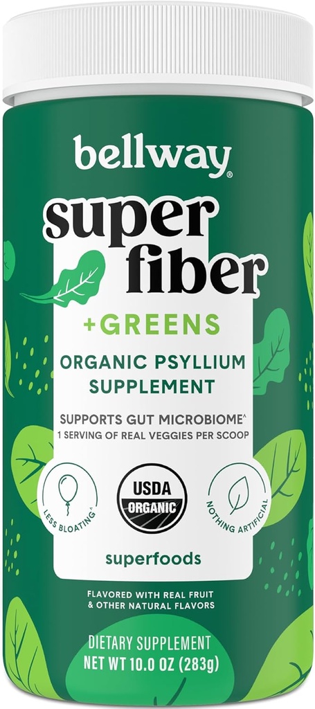 Bellway Super Fiber + Greens Powder, Polvere di supplemento di fibra di Psyllium senza zucchero con Super Greens (30 Servings)