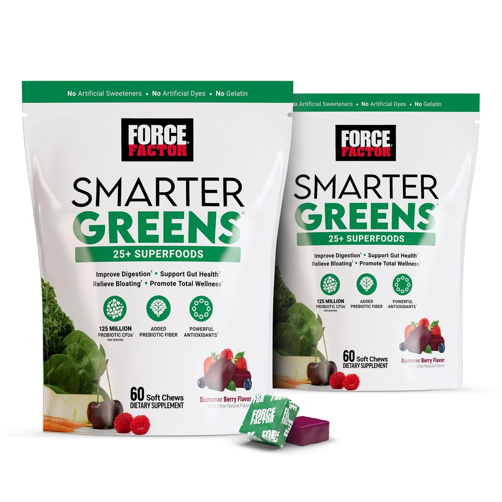 FORCE FACTOR Smarter Greens Superfood Chews, 2-Pack, Verdi e Superfoods con Probiotici, Antiossidanti e Fibra, Greens Supplemento alla Digestione di supporto, Ossido nitrico, ed Energia, 120 Soft Chews