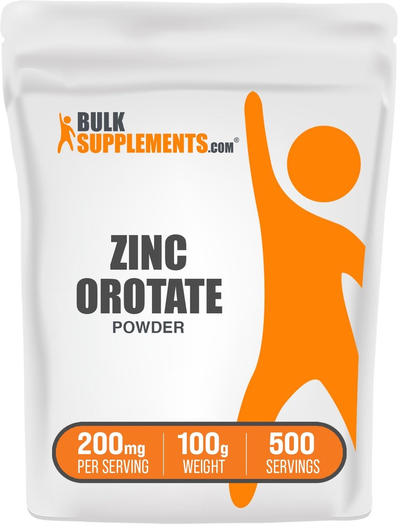 BulkSupplements.com Polvere di orotato di zinco - Supplemento di minerali di zinco, per il supporto immunitario - Gluten Free, 200 mg per porzione, 100g (3,5 oz) (pacchetto di 1)