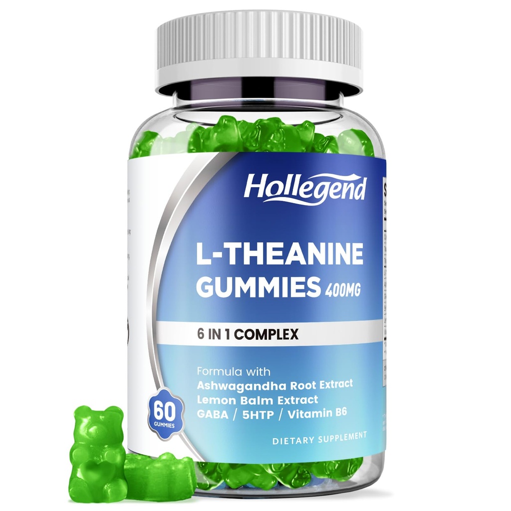 L-teanina Gummies, l'teanina 400mg con Ashwagandha, GABA, 5HTP, L-teanina Chewable Supplement per il relax, Zzz & Focus Support, Vegan, Limone Flavor, 60 conteggi