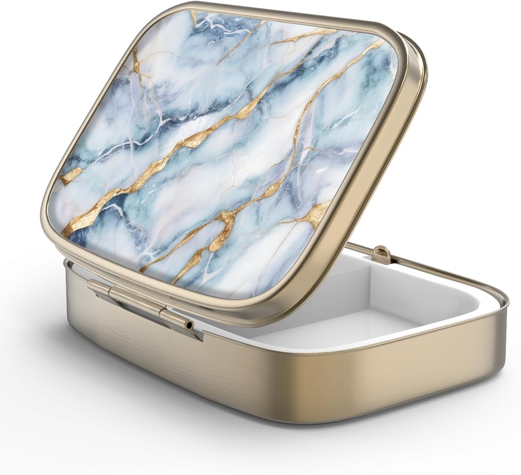 Pillola Case Pill Box con Specchio Retro 2 scomparti Piccolo Pillola Case per Purse o Pocket Bronze Rettangolare Pillola Box o Vitamine, Olio di Pesce, Integratori, Pillola Containe Regali di viaggio (Bianco Blu Marmo)