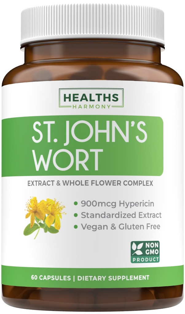 St John's Wort Capsules - Potente e Potente Saint John's Wort Extract & Whole Herb Complex Standardized a 900mcg Hypericin per Balancing Daily Mood Support - Vegan Non-GMO & Lab verificato (60 caps)