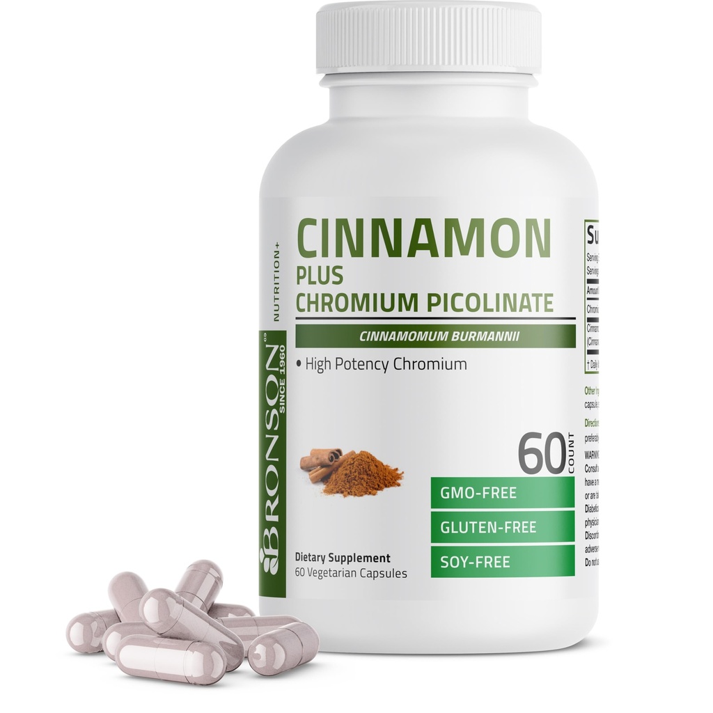 Bronson Cinnamon Plus cromo picolinato supplemento, cromo ad alta potenza, non OGM, 60 capsule vegetariane