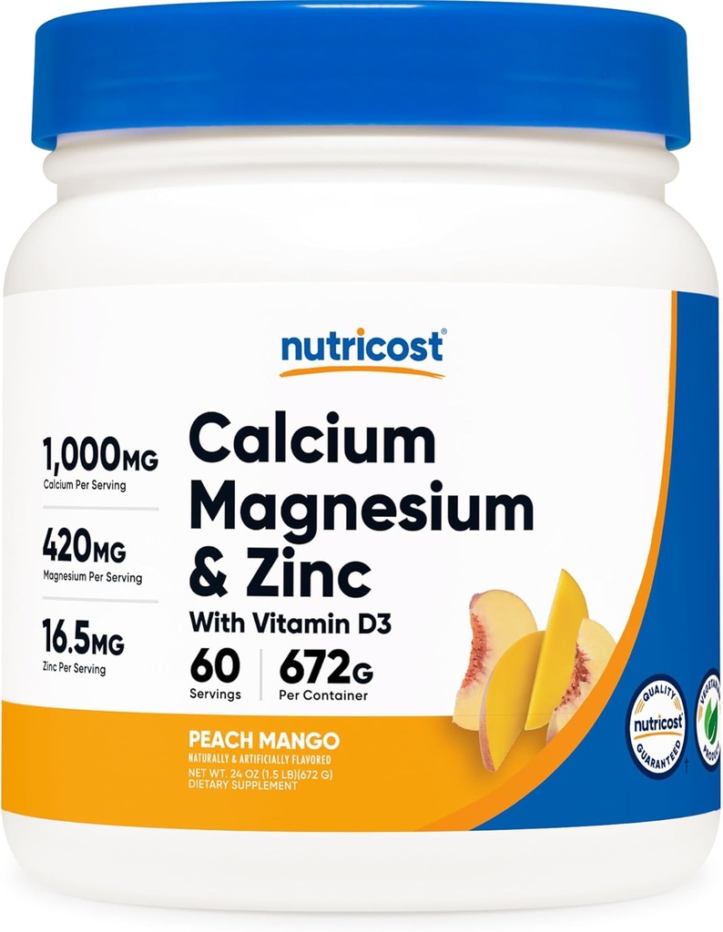 Zinco di Magnesio di Calcio Nutricost con Vitamina D3 Polvere, 60 Serve (Peach Mango) - Calcio (1000 MG) Magnesio (420 MG) Zinco (16.5 MG) Vitamina D3 (30 MCG) - Gluten Free, Non OGM