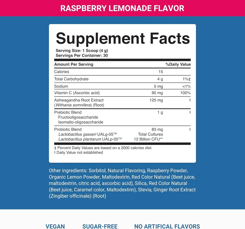 Nighttime Complete by Activated You Daily Wellness Drink for Gut Health with Ashwagandha - Limonata al lampone con Prebiotici, Probiotici, Vitamina C - Supporti Rilassamento & Digestione, Basato sulle piante