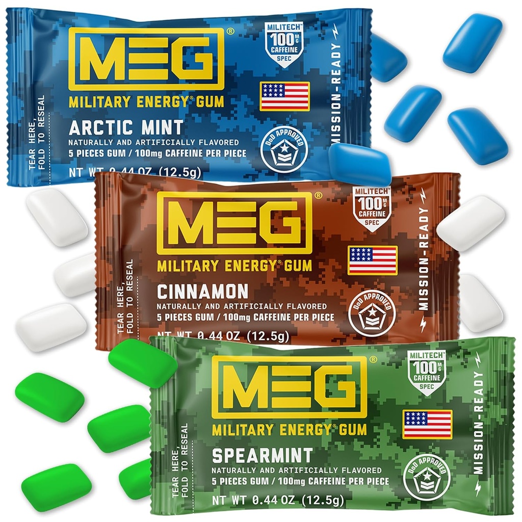 MEG Gum - Military Energy Gum | 100mg di Caffeine Per Piece - 15 pezzi Sample Pack - Energy and Focus to Boost Performace