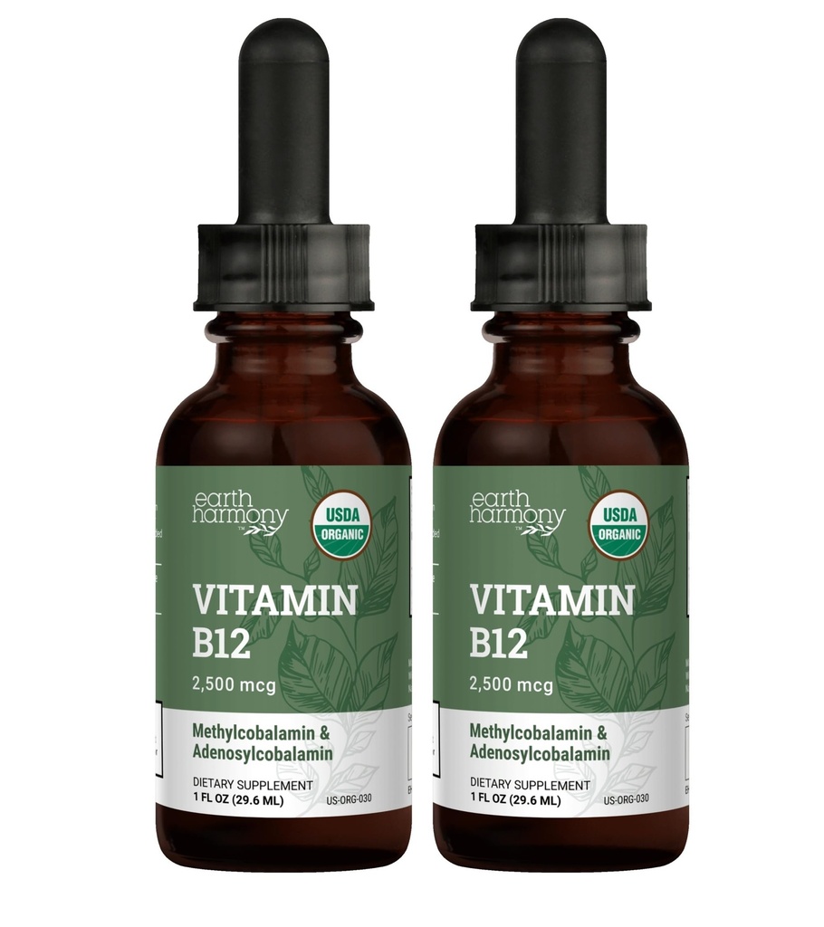 USDA Organic Vitamin B12 2000mcg Sublingual Liquid Supplement (2-Pack) - Vegan Methylcobalamin Gocce per l'energia naturale, mantenere il metabolismo e il supporto del sistema immunitario - 1 Fl Oz