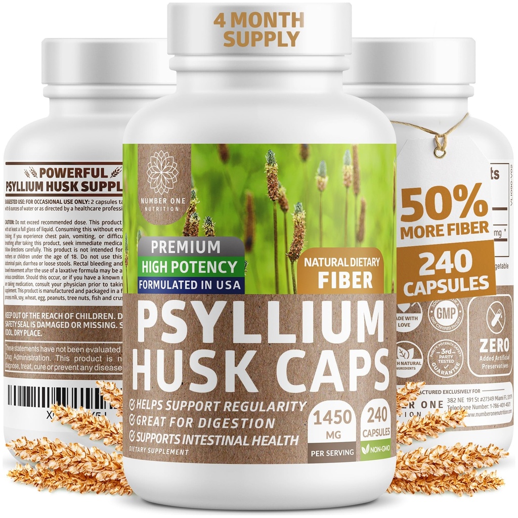 N1N Premium Psyllium Husk Capsule [Tutto Naturale, 1450 MG] Potente supplemento di fibra solubile al supporto Regolarità e Salute Digestiva, 240 Caps